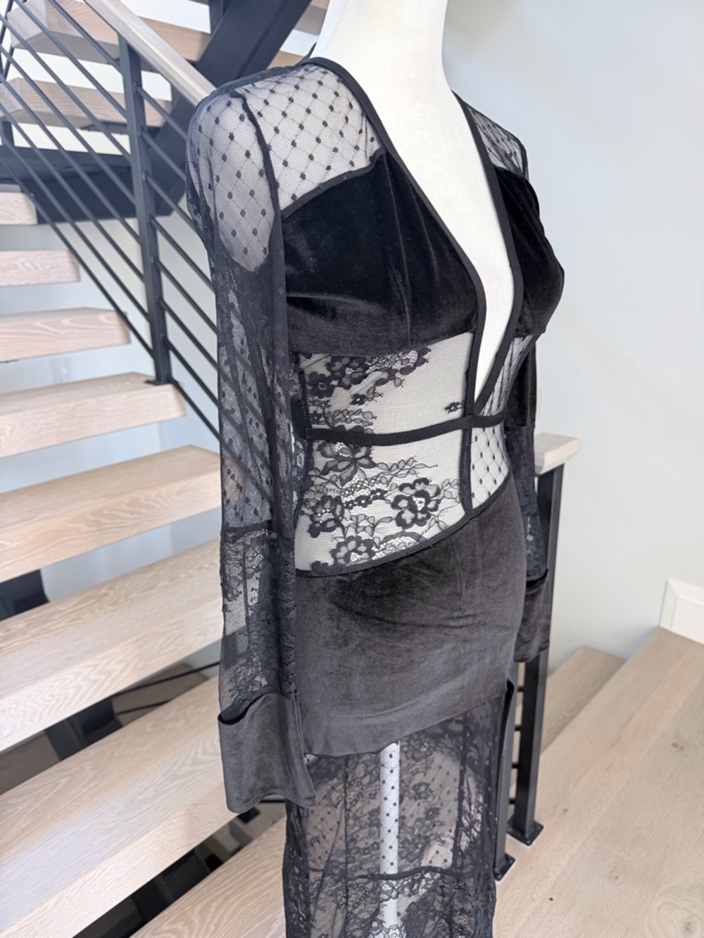 Sheer Panel Black Evening Maxi Dress with Deep V and Open back size XS - Picture 9 of 15